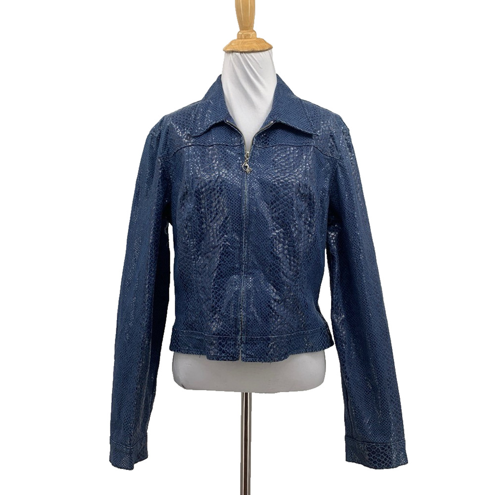 Baby Phat Jacket Women L Large Blue Faux Snakeskin Cropped Full Zip Glossy Y2K